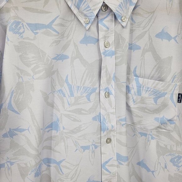New Huk Kona Ocean Palm Shirt Mens S White Fish Print Short Sleeve Button Front - Picture 3 of 7